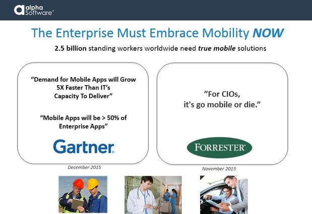 Enterprise must embrace mobility now. 2.5 billion standing workers worldwide need truly mobile solutions in the field. According to Gartner, the demand for mobile apps will grow at a rate 5x faster than IT's capacity to deliver applications. Mobile business apps will grow to compose more than 50% of enterprise applications in 2016. Forrester agrees stating, 'For CIOs, it's go mobile or die.'