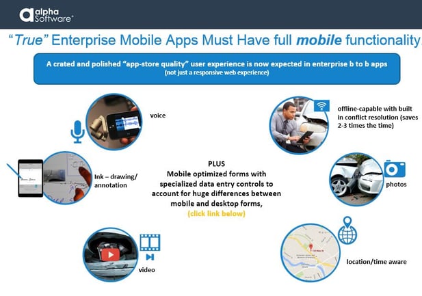 'True' Enterprise-level mobile applications must have full mobile functionality. A crated and polished 'app-store-quality' user experience is now expected in enterprise b to b apps (not just a responsive web experience.) This includes offline support with built-in conflict resolution, access to device photo libraries and built-in cameras, location and time awareness, recording and playing audio, capturing ink data (drawings/annotations), recording and viewing videos, and more. Mobile optimized forms with specialized data entry controls can make a huge difference between mobile and desktop forms. Visit the links below for more information about mobile optimized forms.