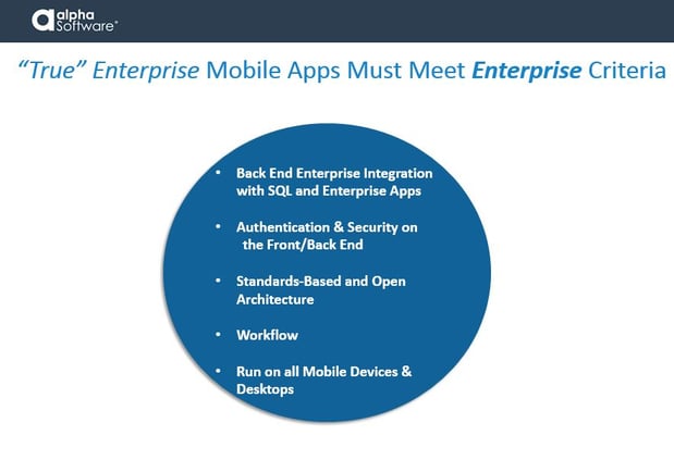 'True' Enterprise Mobile Applications must meet enterprise criteria: back-end integration with SQL databases and enterprise apps; authentication and security support on the front and back end; standards-based and open architecture; workflow; and run on all mobile devices and desktops.