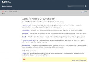 Main page of the Alpha Anywhere help documentation website.