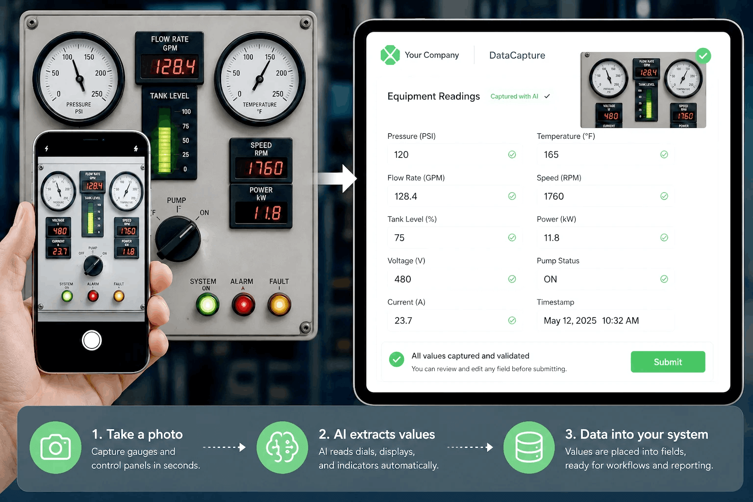 Alpha TransForm mobile inspection app interface showing AI data capture for manufacturing