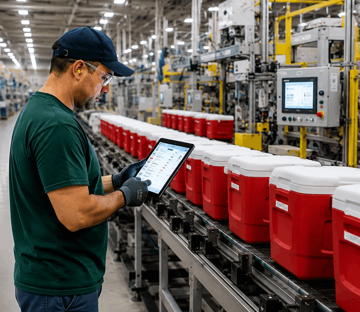 Worker on a manufacturing production line using a tablet to trace and verify product quality records