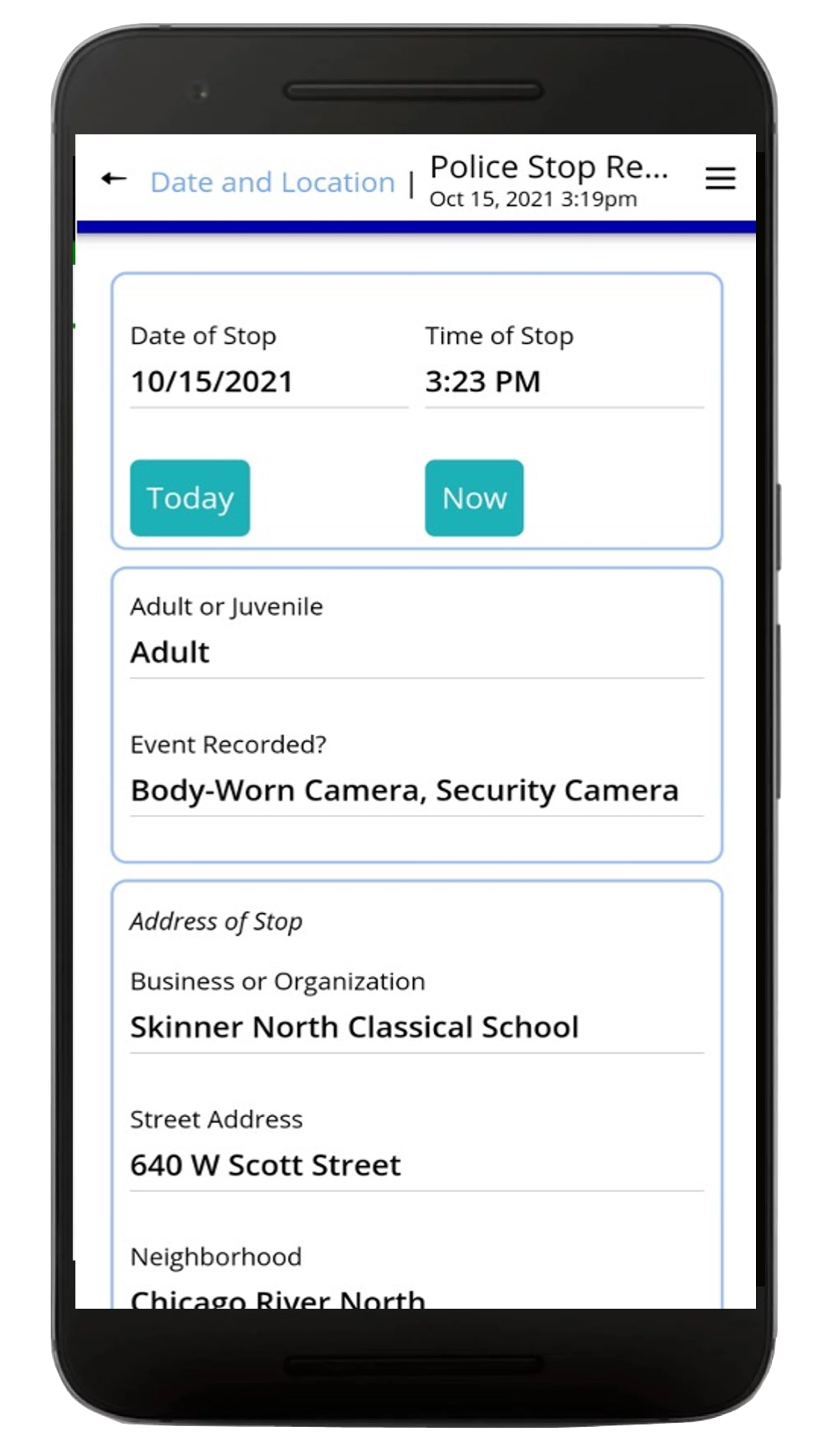 Police reporting app screenshot