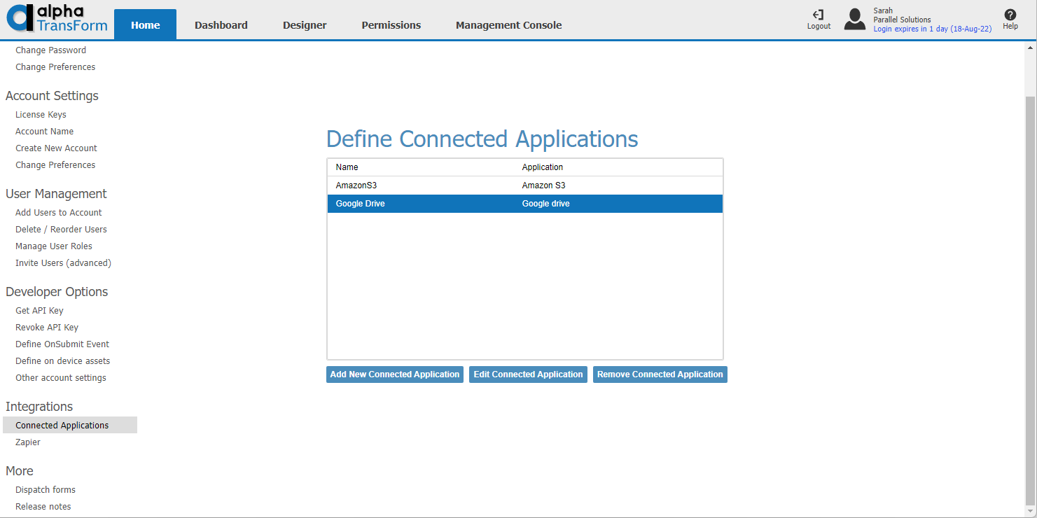 Connected Applications interface in Alpha TransForm