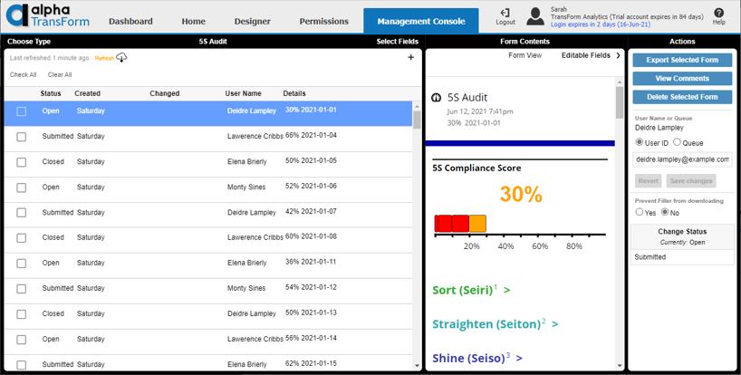 The Alpha TransForm Management Console showing the new Form View display for forms