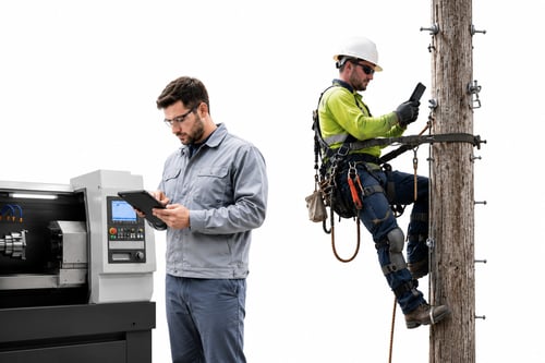 Frontline worker using a tablet beside industrial equipment
