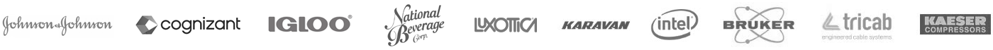 Johnson & Johnson, Cognizanr, Igloo, National Beverage, Luxotica, Karavan, Intel, Bruker, Tricab, and Kaeser Compressor logos