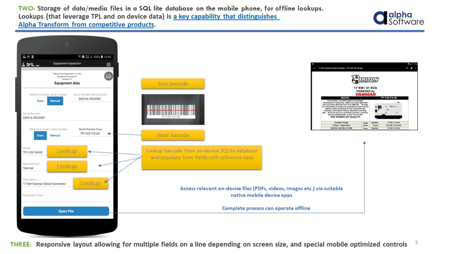Mobile phone displaying Alpha TransForm's equipment inspection app with barcode scanning, lookups, and offline database capabilities.