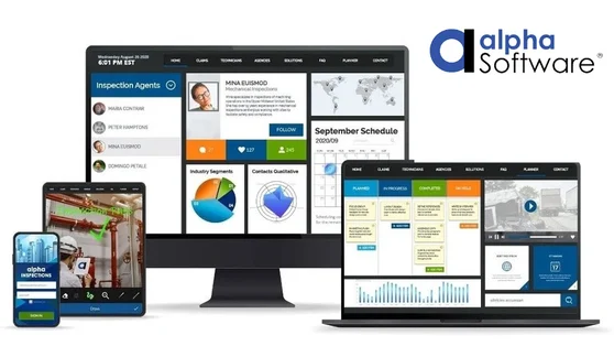 Alpha Software dashboard displayed across desktop, tablet, and mobile devices, showing inspection tools.