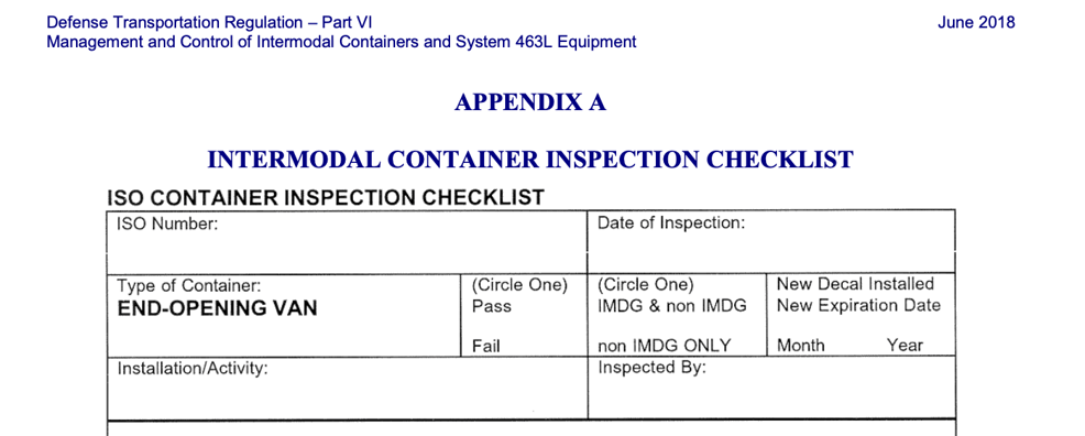 USTRANSCOM intermodal container inspection checklist form for end-opening vans dated June 2018.