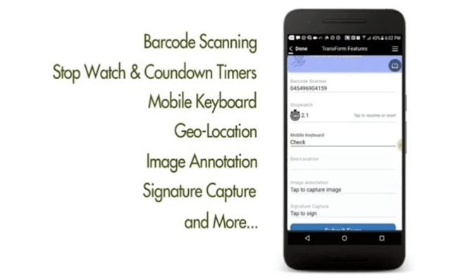 Smartphone showing a mobile incident reporting app with barcode scanning, GPS tracking, and signature capture fields