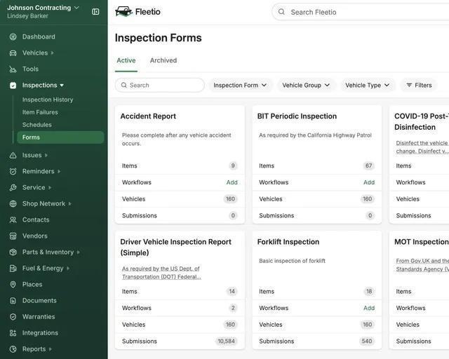 Screenshot of the Fleetio Inspection Forms dashboard displaying active form templates for truck and trailer inspections.