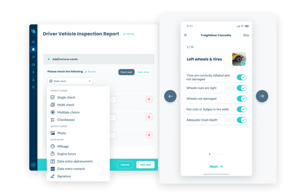 Whip Around report form builder on desktop displaying field type options and checklist items for fleet inspection management.