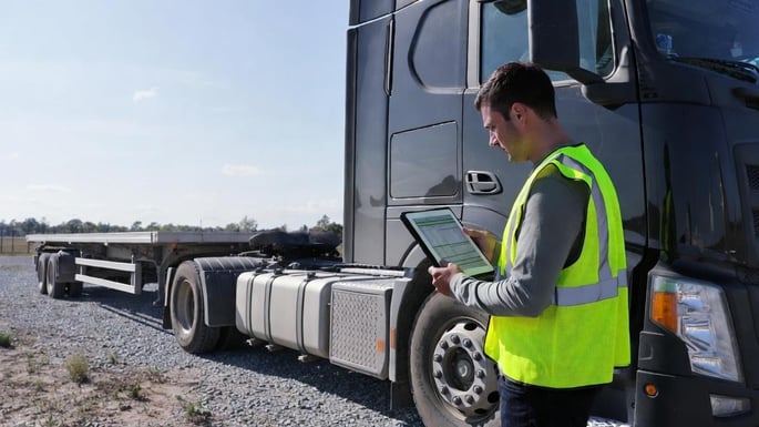 Fleet manager reviewing a truck driver safety checklist on a tablet beside a parked commercial truck.