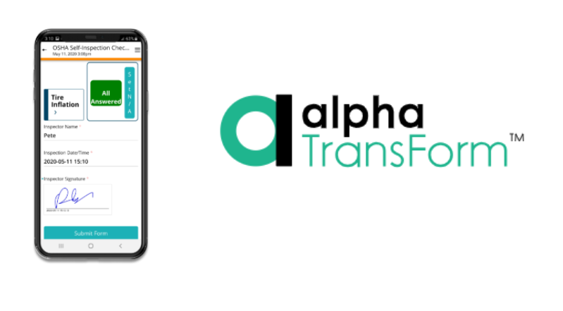 Alpha TransForm mobile app displaying a self-inspection checklist form with data entry fields on a smartphone screen.
