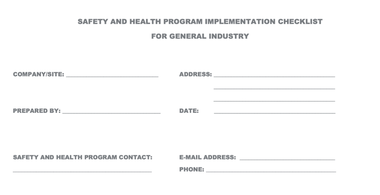 OSHA Safety and Health Program Implementation Checklist form with blank fields for general industry use.
