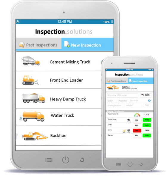 Tablet and smartphone displaying a mobile fleet inspection app with pass/fail results by vehicle type.