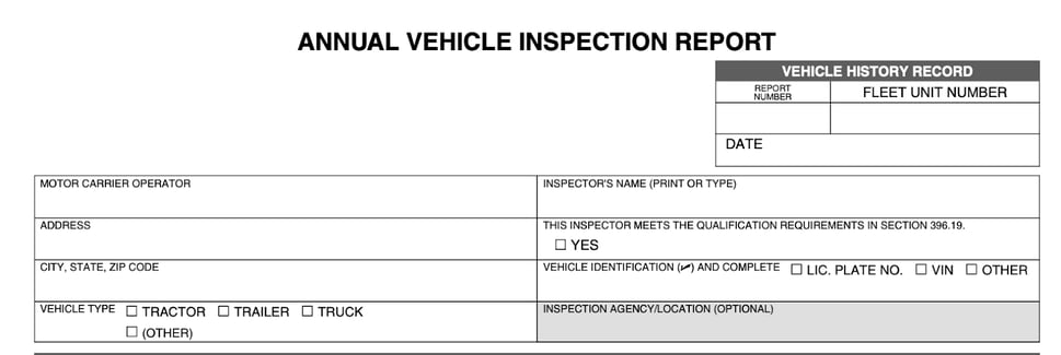 Blank FMCSA Annual Vehicle Inspection Report form with fields for carrier, vehicle, and inspector details.