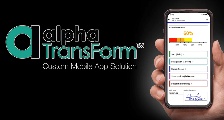 Alpha TransForm logo and mobile app displaying a 5S audit compliance checklist.