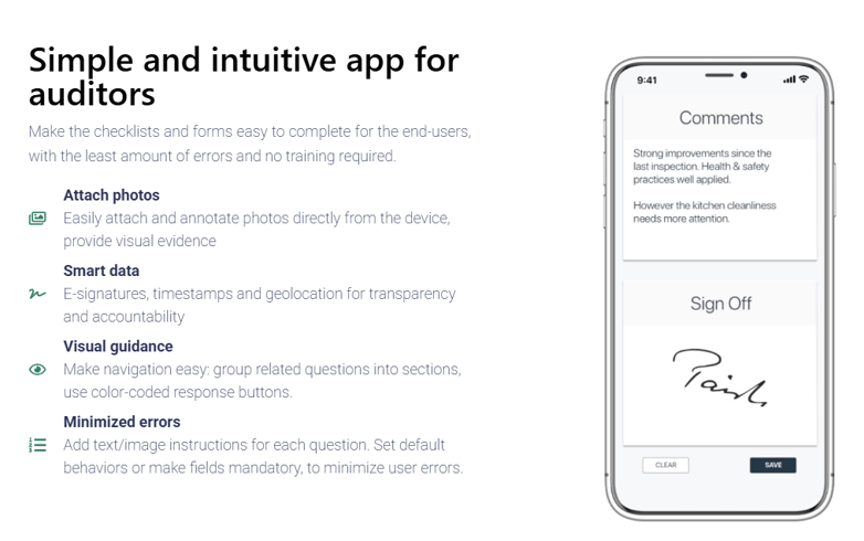 GoAudits promotional banner and mobile app interface showing an audit comments section with the inspector's signature.