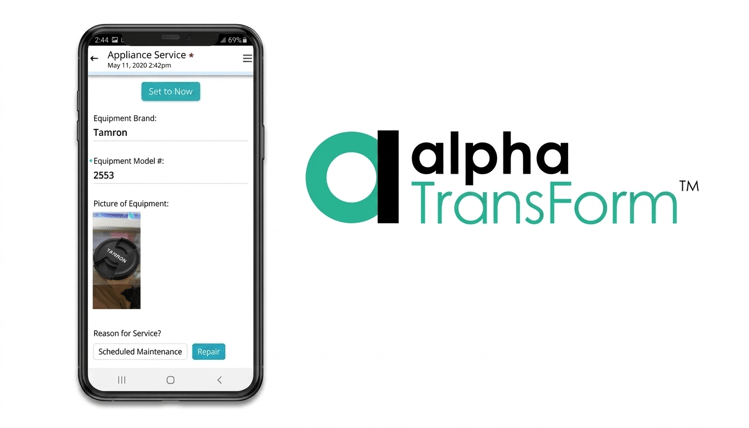 A smartphone displaying the Alpha TransForm Field Service mobile app interface.