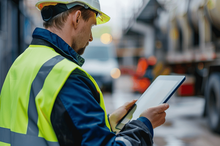 Warehouse worker in a vest going through a checklist on his tablet.