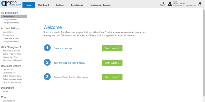 Alpha TransForm welcome dashboard showing a three-step onboarding guide with navigation sidebar and menu options.