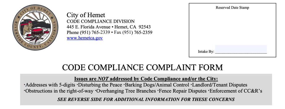 City of Hemet Code Compliance Complaint Form header with city seal and contact details.