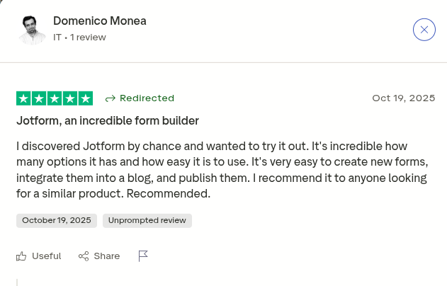 Screenshot of a Trustpilot review showing a 5-star rating for Jotform.