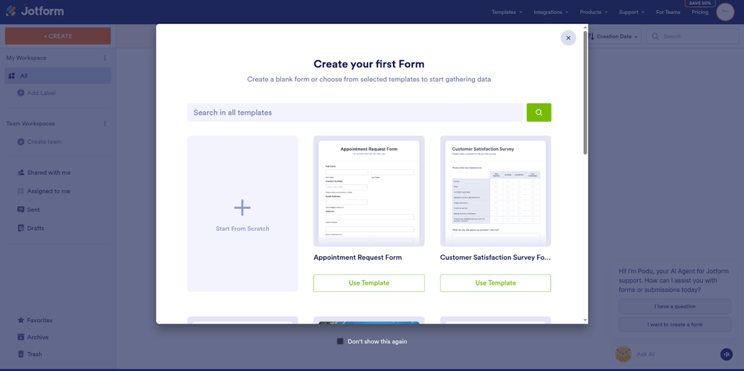 Jotform pop-up window to create a first form, with options to start from scratch or use templates.