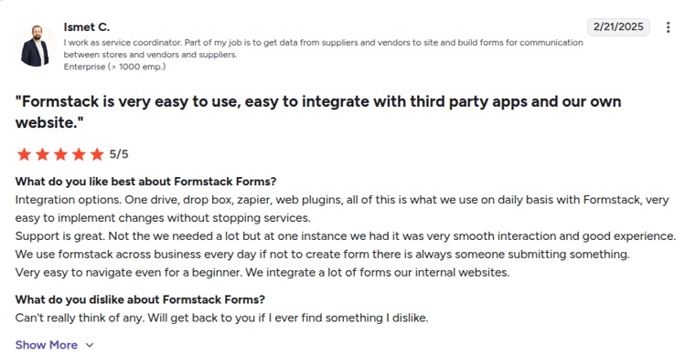 Screenshot of a Formstack Forms review showing a 5-star rating from Ismet C., a service coordinator at an enterprise company.