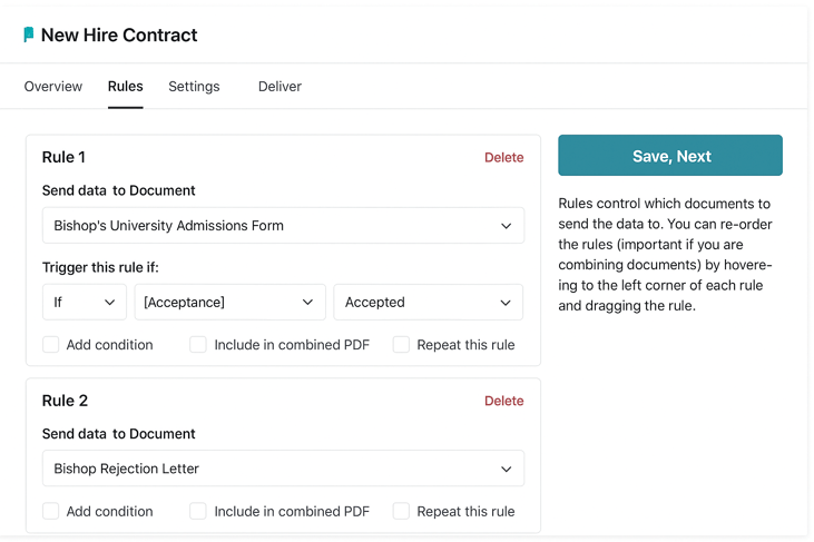 Formstack multi-document workflow interface showing rules setup for automating document generation and data routing.