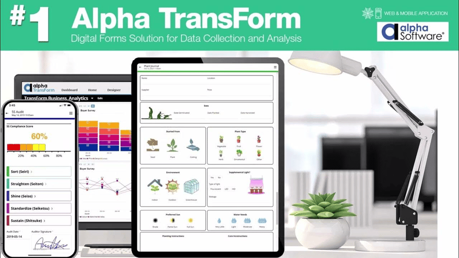 A tablet, laptop, and smartphone with digital data collecting dashboards under a desk light and “#1 Alpha Transform: Digital Forms Solution for Data Collection and Analysis” above it.