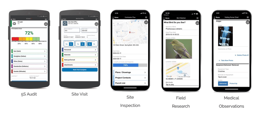Five smartphones showing Alpha TransForm apps for 5S Audit, Site Visit, Site Inspection, Field Research, and Medical Observations.