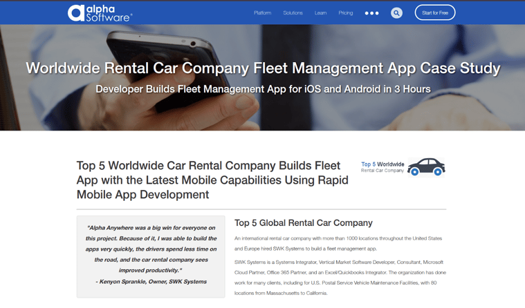 Alpha Software mobile promotional graphic showing the fleet management app case study.