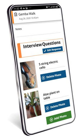 Alpha TransForm's Gemba Walk App showing interview questions.