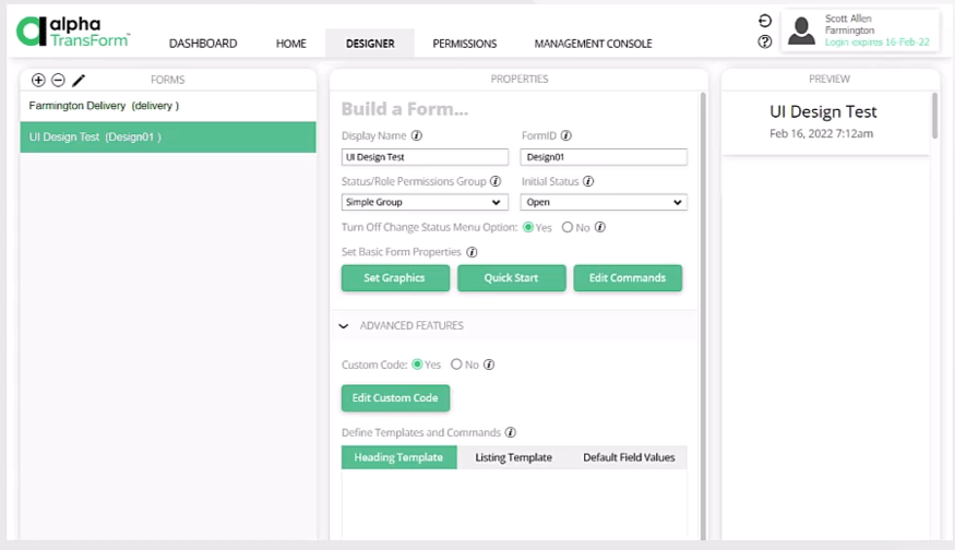 Alpha TransForm platform interface.
