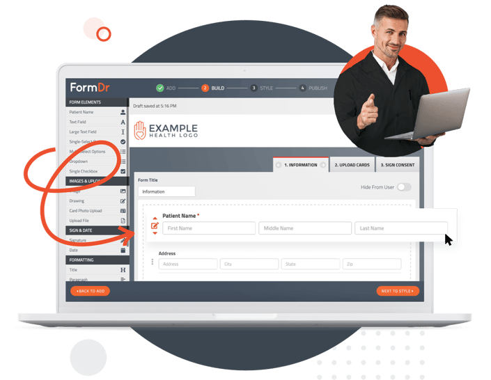 Laptop displaying FormDr form builder interface with patient information form.