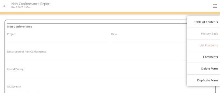 Alpha TransForm mobile app interface showing a data collection form.