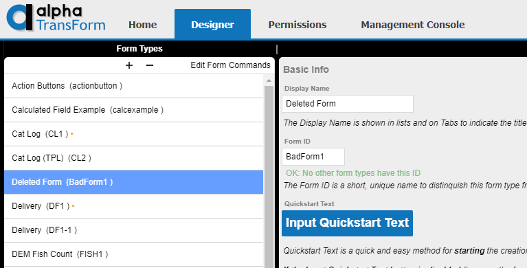 Alpha TransForm interface showing form types list with "Deleted Form" highlighted and basic info panel displaying form details.