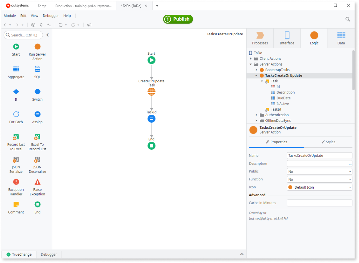 OutSystems visual development interface.