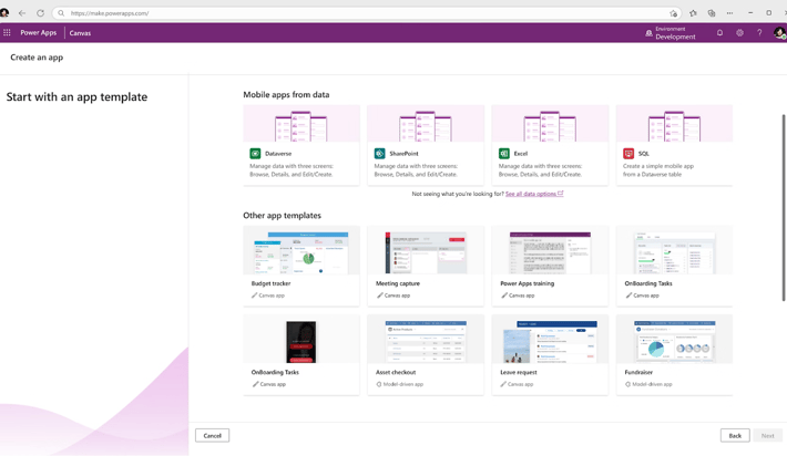 Microsoft Power Apps interface showing app creation templates.