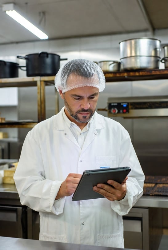 Food safety inspector using a tablet to review quality control data in a commercial kitchen.