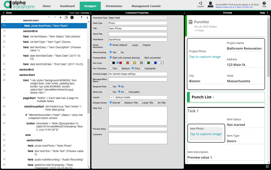 Alpha TransForm no-code builder interface showing how to rapidly digitize a punchlist form.
