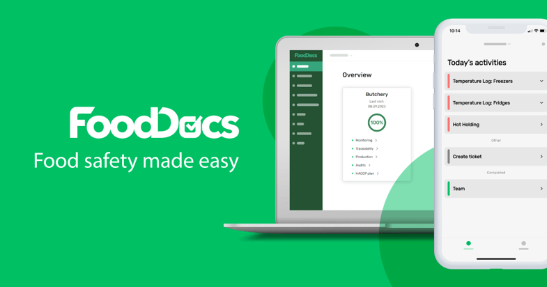 FoodDocs logo and tagline with laptop and mobile app showing food safety monitoring overview.