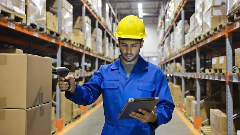 A warehouse worker holding a tablet while scanning inventory, with shelves of products visible in the background.