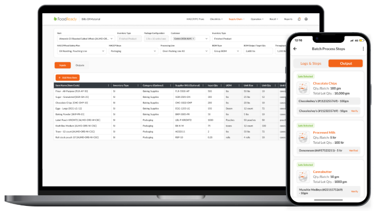 FoodReady platform displayed on a laptop and a smartphone, showing the bill of materials and batch process steps.