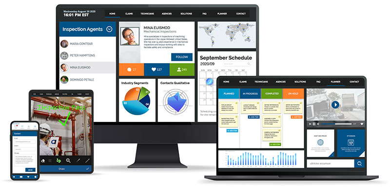 Alpha TransForm platform displayed across a desktop monitor, a laptop, a tablet, and a smartphone, showing inspection dashboards.