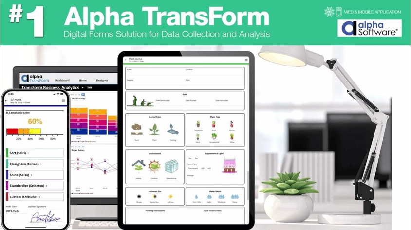 Alpha TransForm promotional image showing digital forms on a laptop, tablet, and smartphone on a desk.