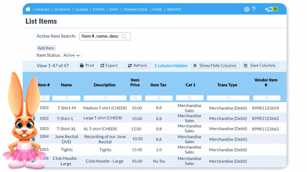 Jackrabbit Dance software interface showing merchandise inventory list with a cartoon bunny mascot in a pink tutu.